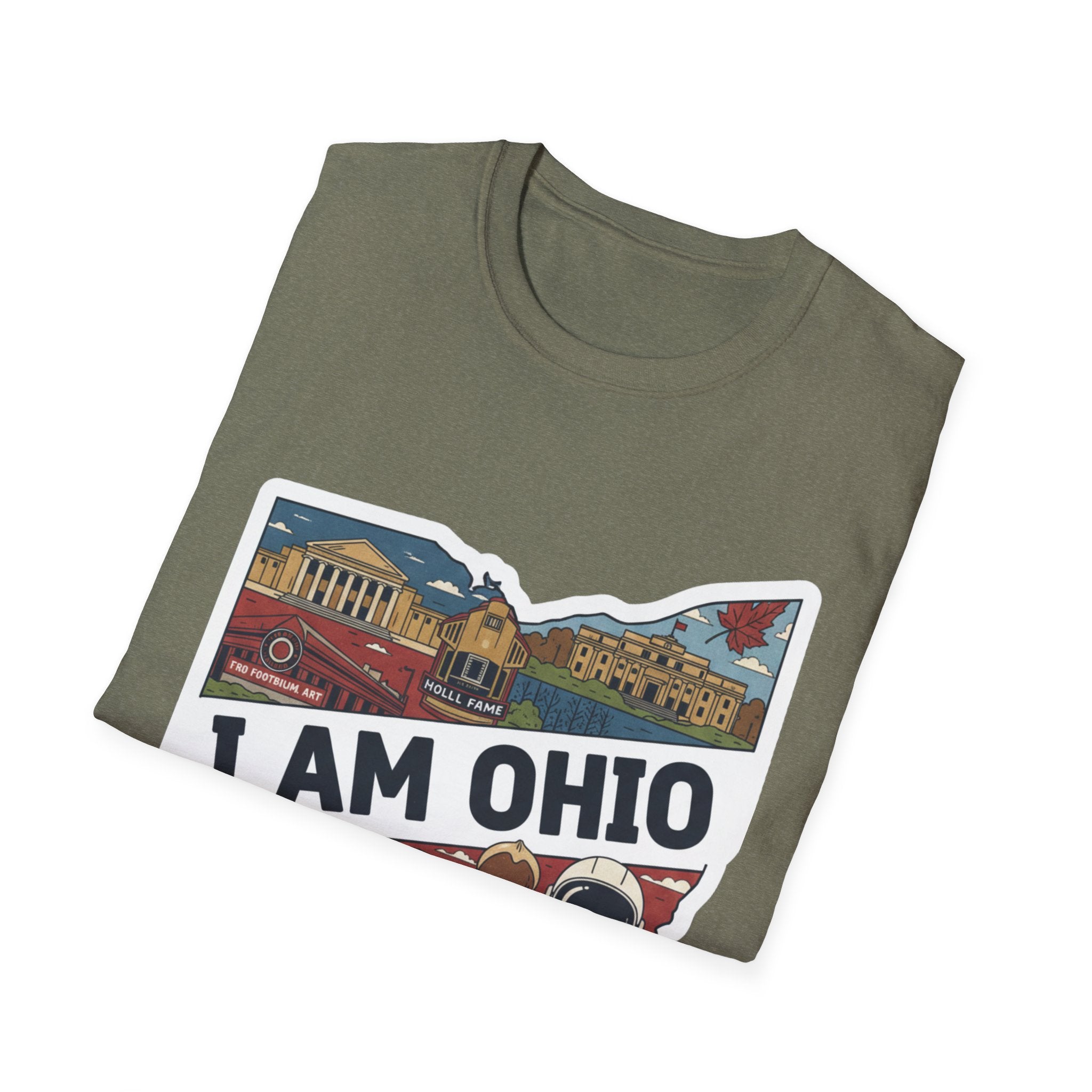 Ohio graphic T-shirt (Heather Military Green) “I AM OHIO” skyline and landmark-style print