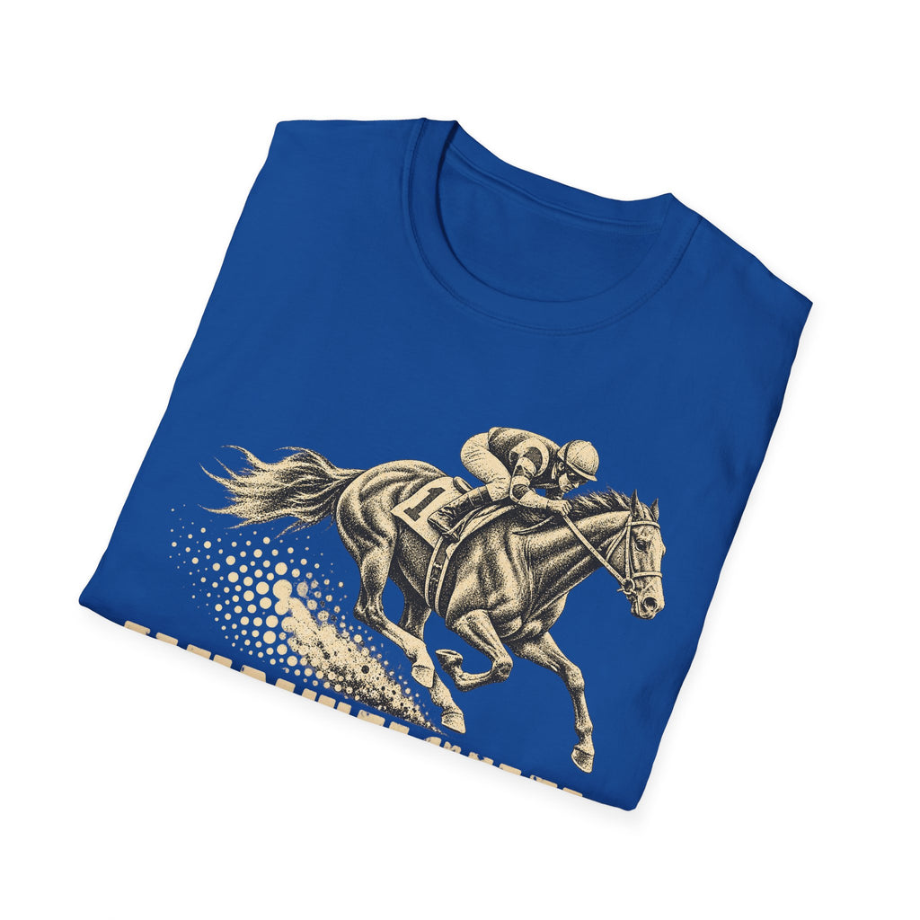 Royal blue crew-neck graphic T-shirt with jockey riding a galloping horse