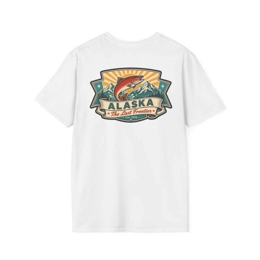 Souvenir T-shirt in white with Alaska badge salmon mountain front print