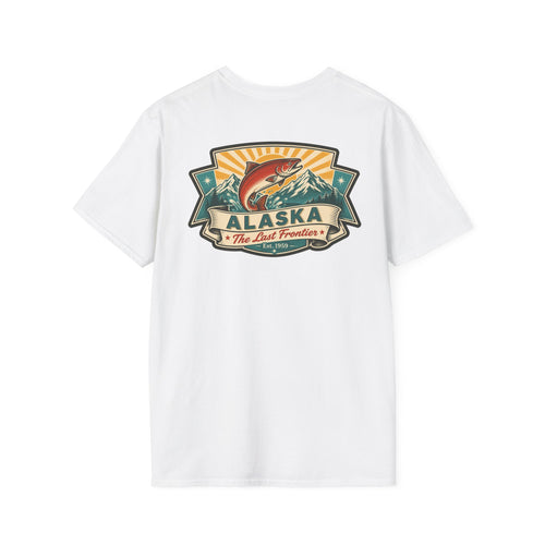 Souvenir T-shirt in white with Alaska badge salmon mountain front print
