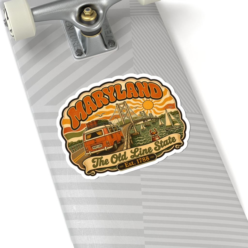 Maryland retro van and bridge sticker on light gray striped surface, Est. 1788