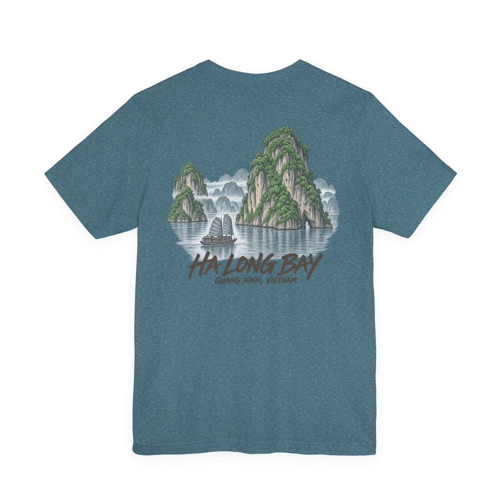 Teal heather T-shirt with Ha Long Bay landscape graphic and stylized lettering