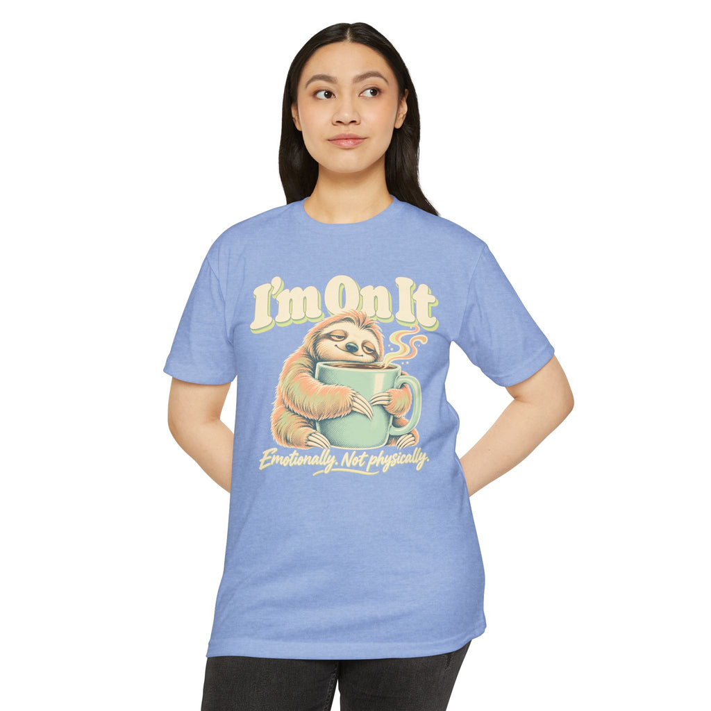 Light blue crew-neck T-shirt with sloth coffee mug front graphic and text