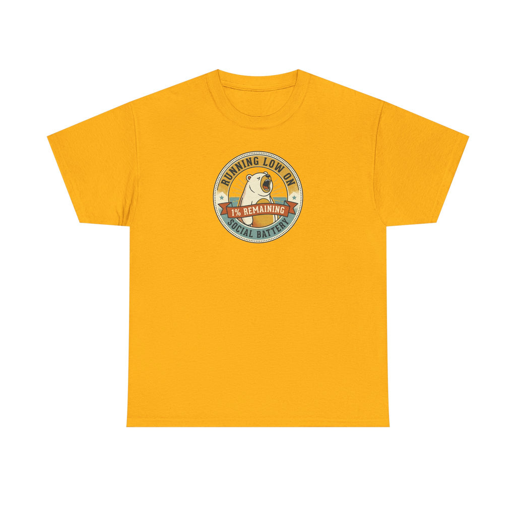 Gold/yellow short-sleeve t-shirt with round retro sloth graphic badge on chest