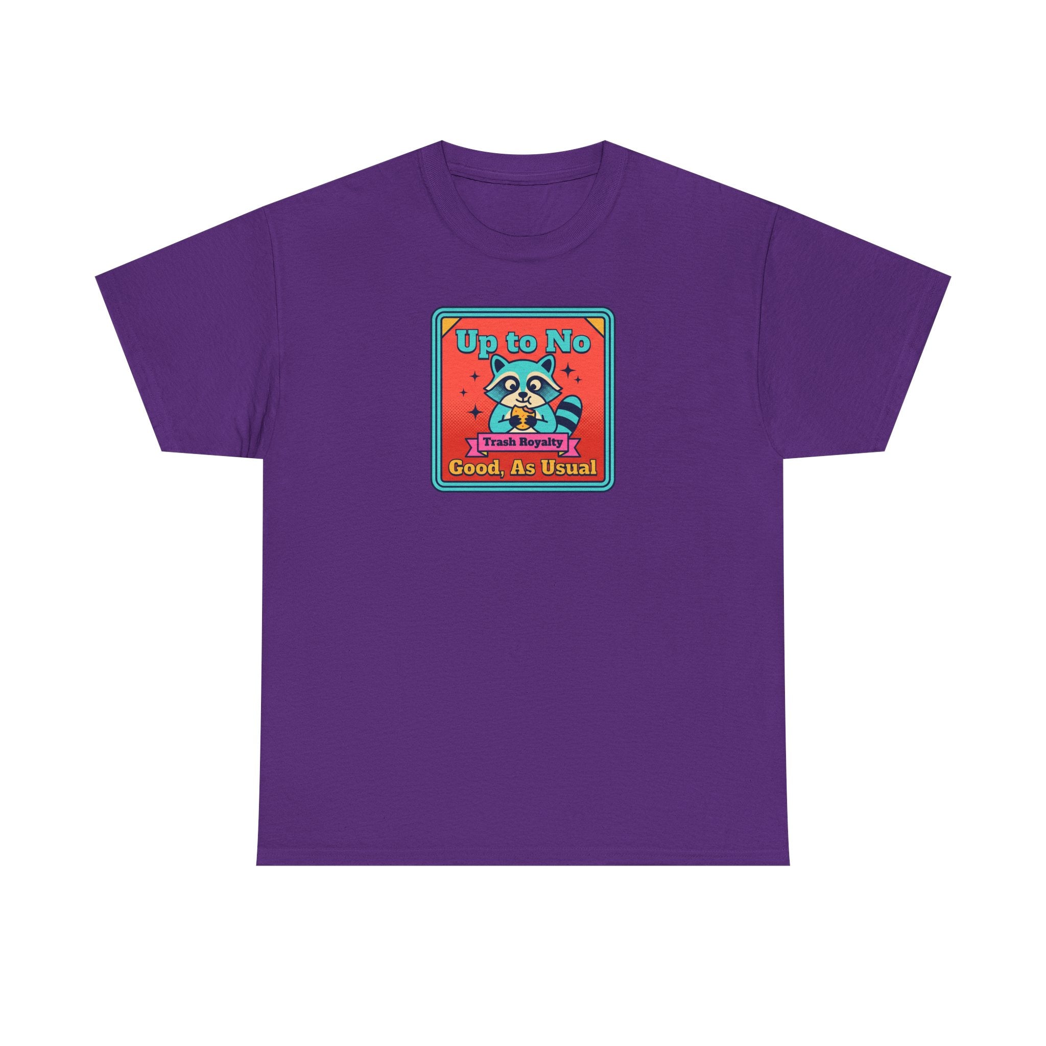 Purple T-shirt with small square raccoon graphic text “Up to No Good, As Usual”