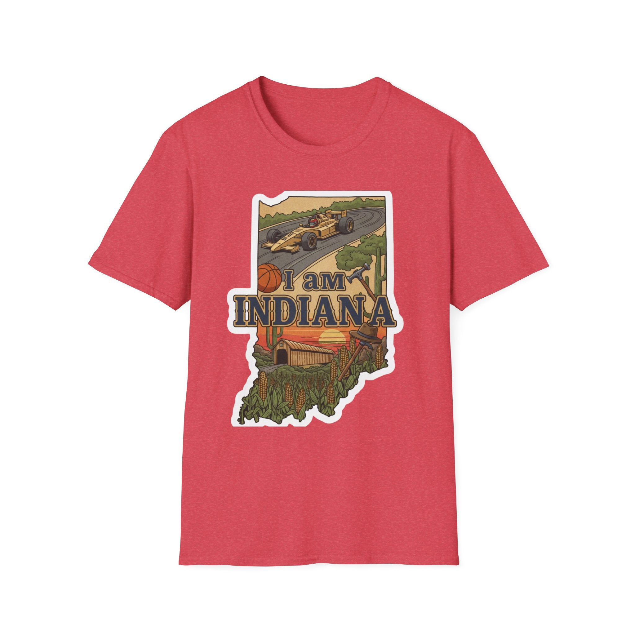 Antique cherry red I Am Indiana T-shirt with Indiana outline graphic, race car and basketball