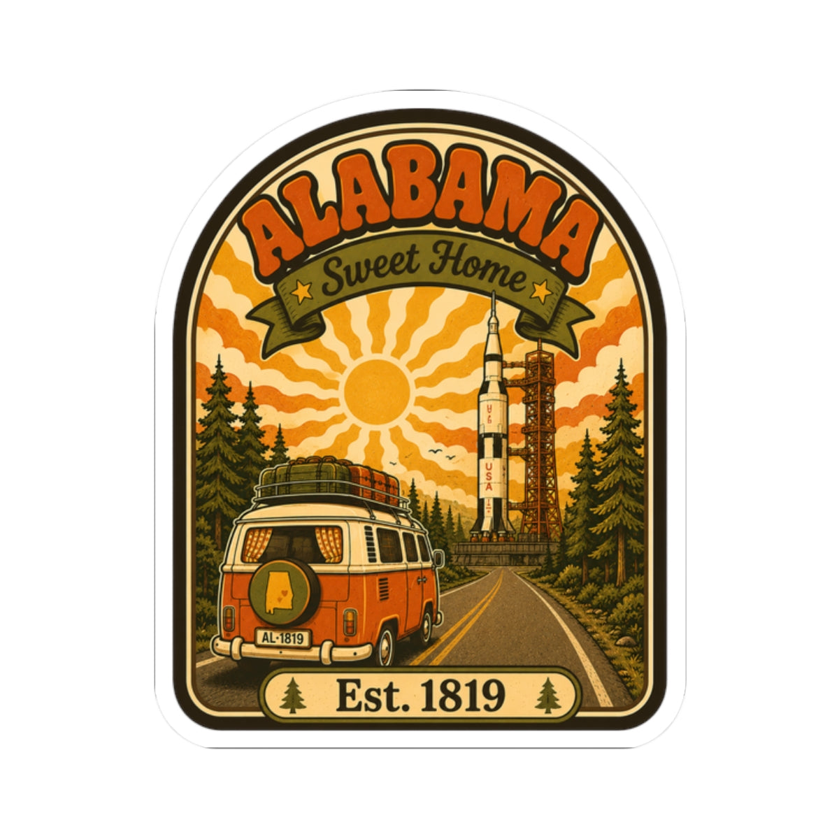 Die-cut arched Alabama sticker featuring orange camper van, evergreen trees, Est. 1819.