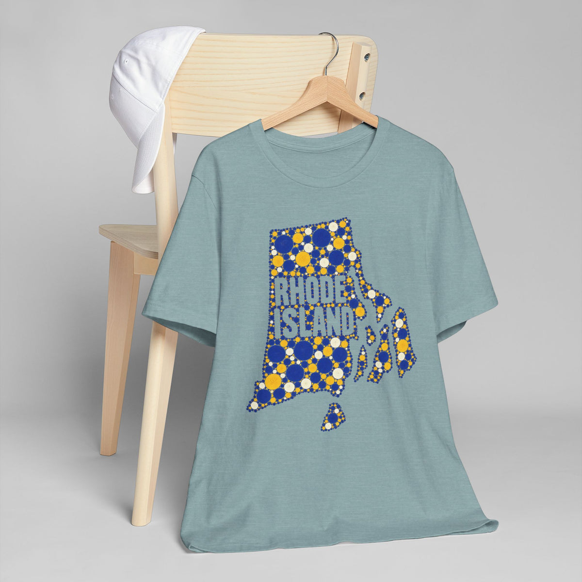Teal crewneck T-shirt with Rhode Island polka-dot graphic print