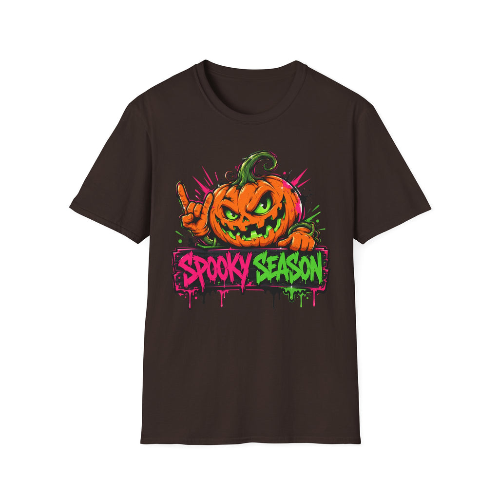 Dark brown T-shirt with jack-o-lantern "Spooky Season" front graphic