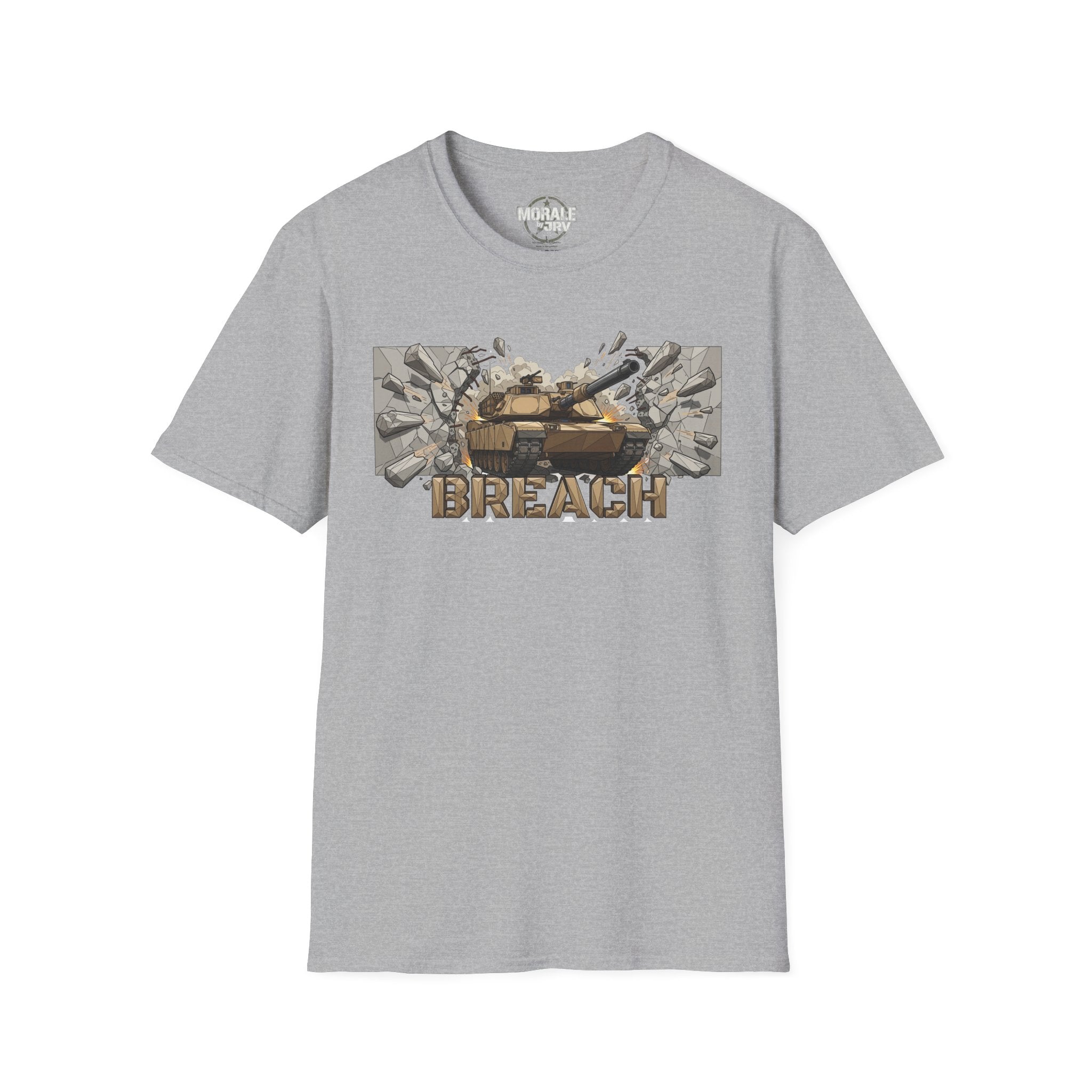 Sport gray T-shirt featuring BREACH tactical tank burst graphic and “BREACH” text