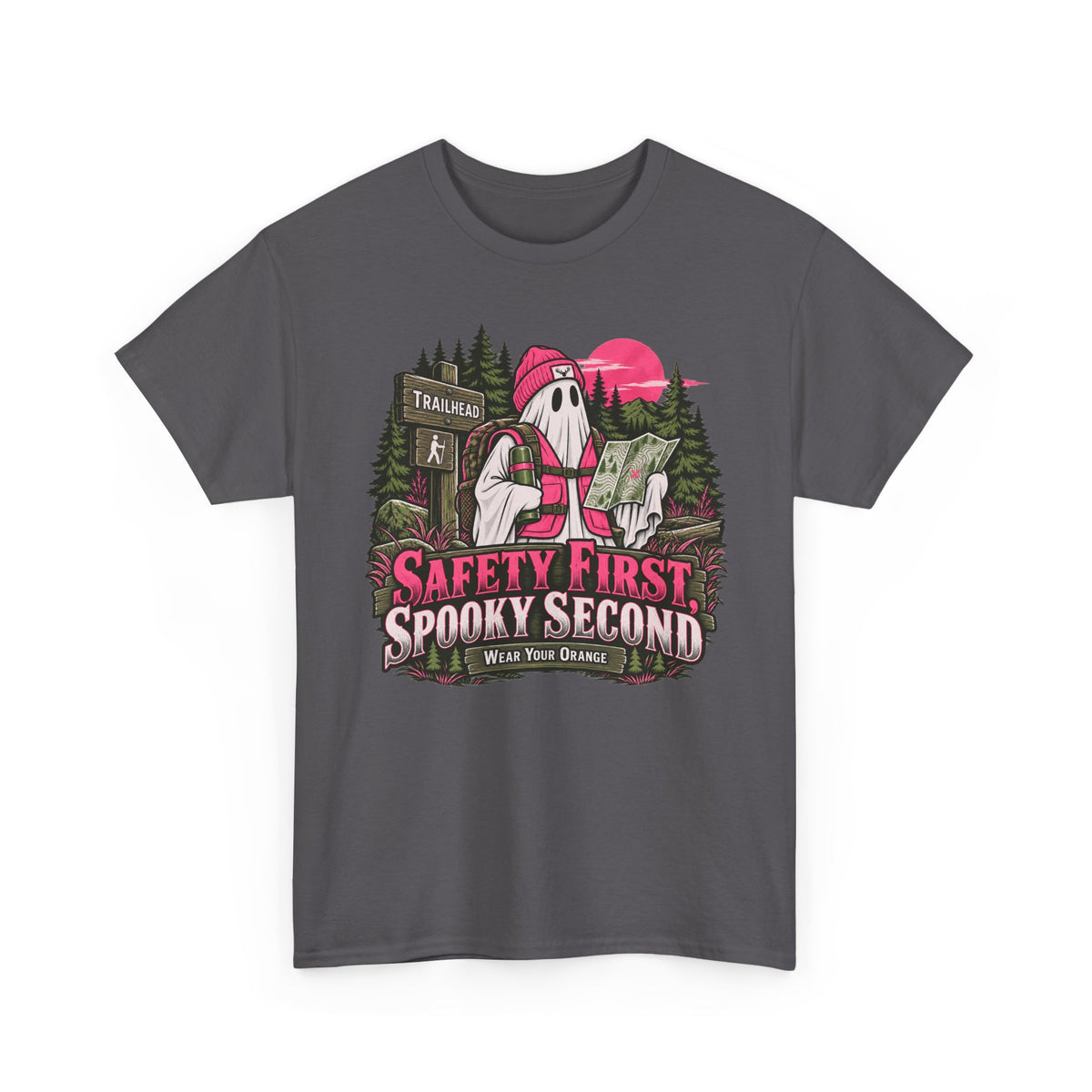 Safety First Spooky Second T-Shirt, Funny Ghost Hiker Halloween Shirt for Men and Women, Camping Trail Graphic Tee