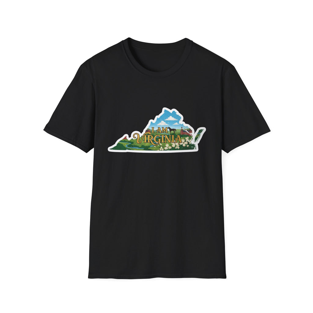 Black t-shirt with “I AM VIRGINIA” scenic state outline graphic
