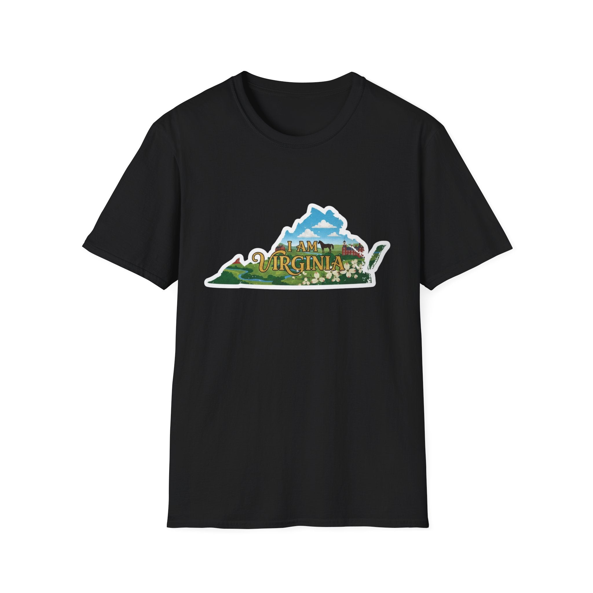 Black t-shirt with “I AM VIRGINIA” scenic state outline graphic