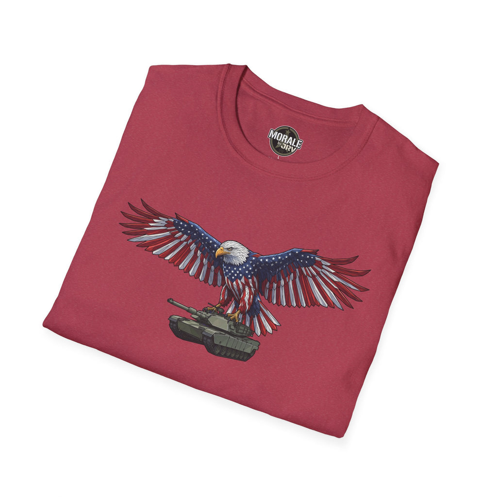 Crimson T-shirt featuring bald eagle with American flag wings and M1 tank graphic