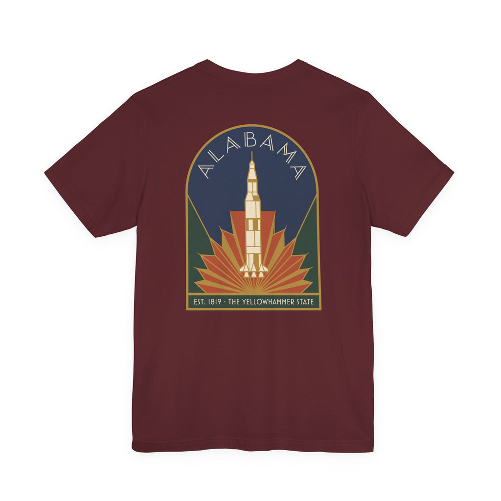 Maroon T-shirt with centered retro rocket graphic and Alabama crest circle