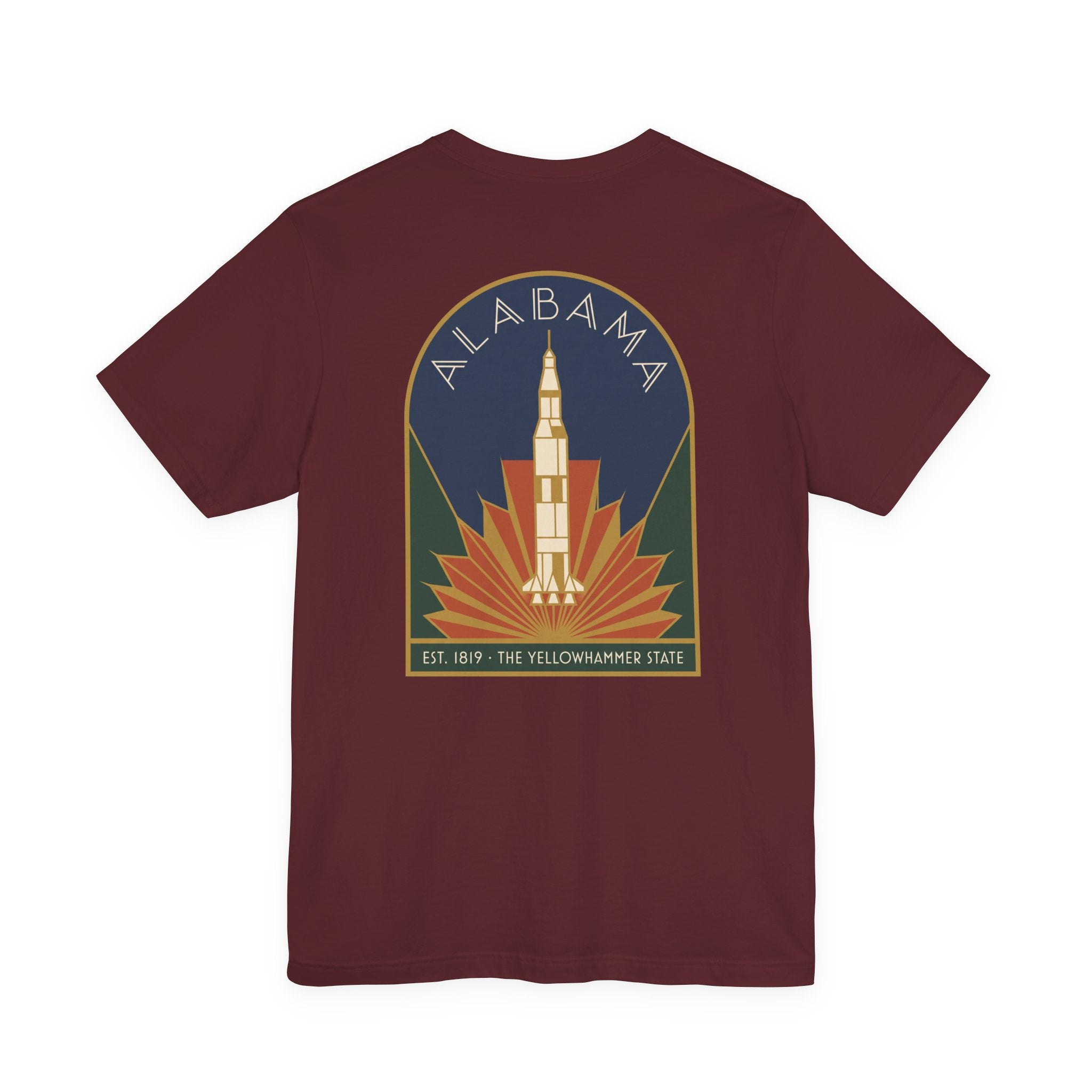 Maroon T-shirt with centered retro rocket graphic and Alabama crest circle