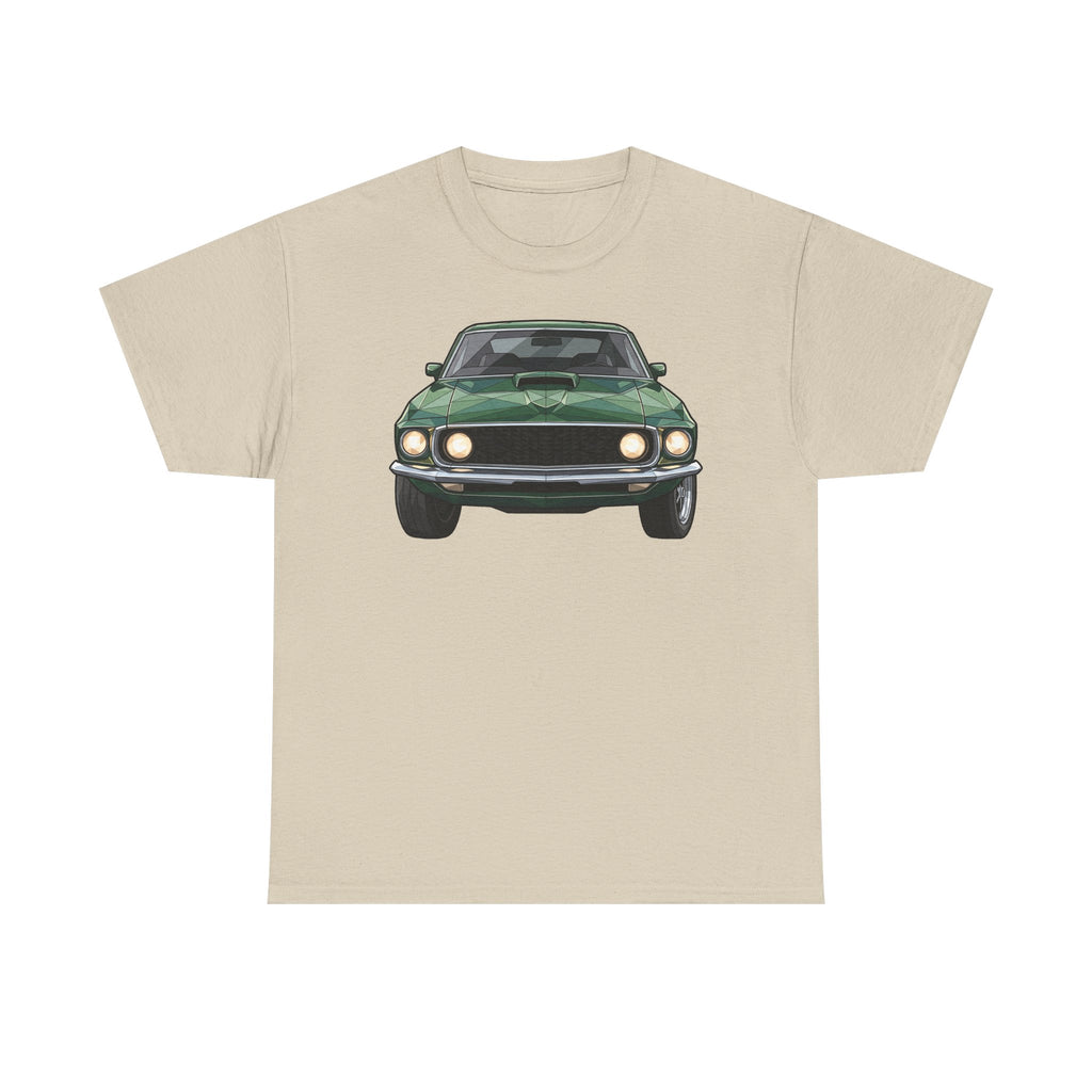 Sand t-shirt with vintage green classic muscle car front graphic