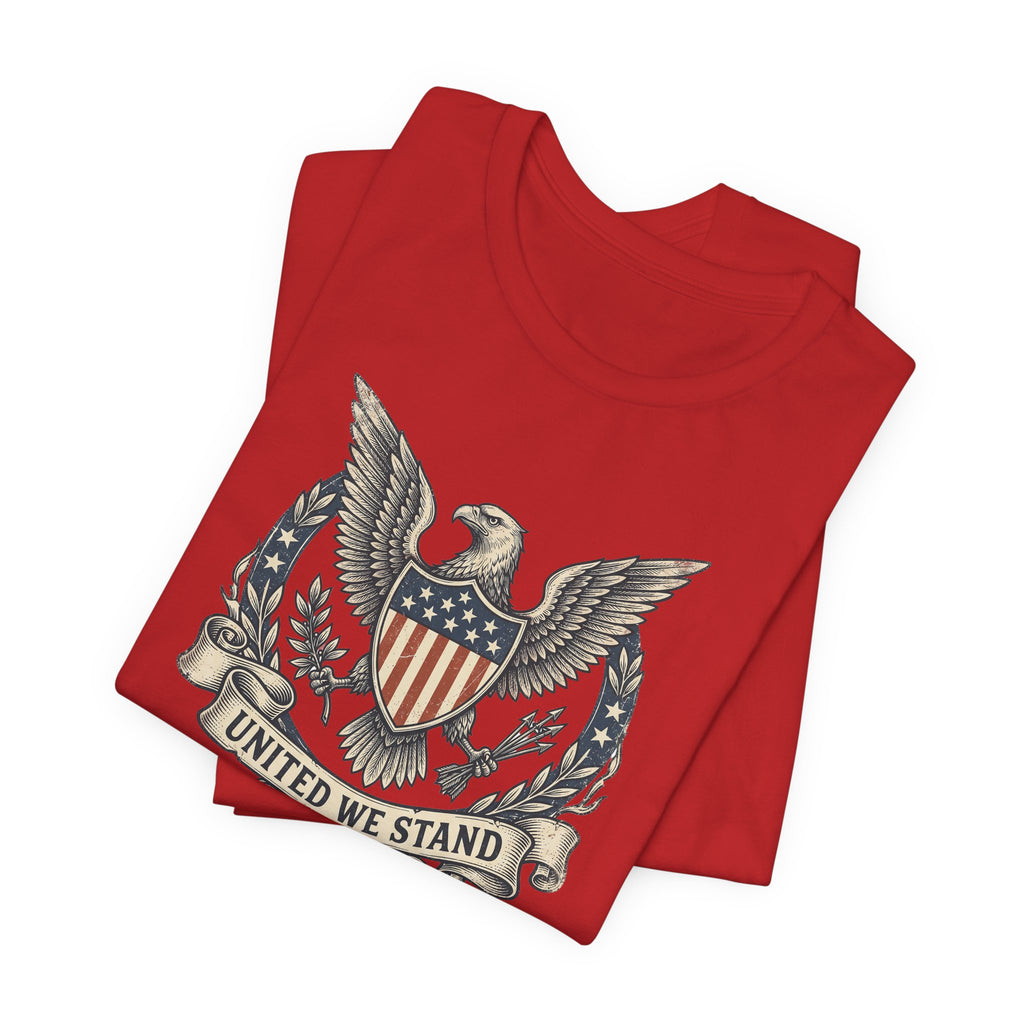 Red graphic T-shirt with eagle crest and “United We Stand” ribbon