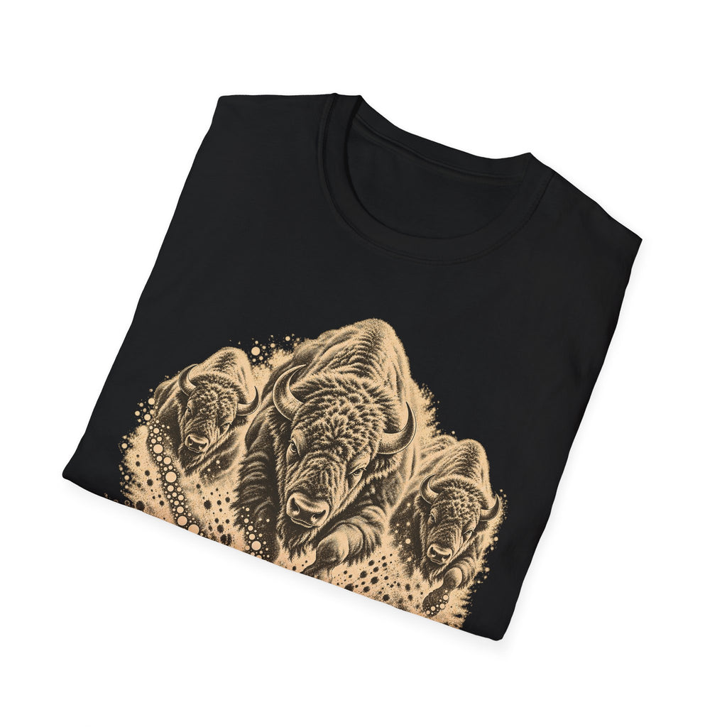 Black bison herd graphic T-shirt with tan distressed print across chest