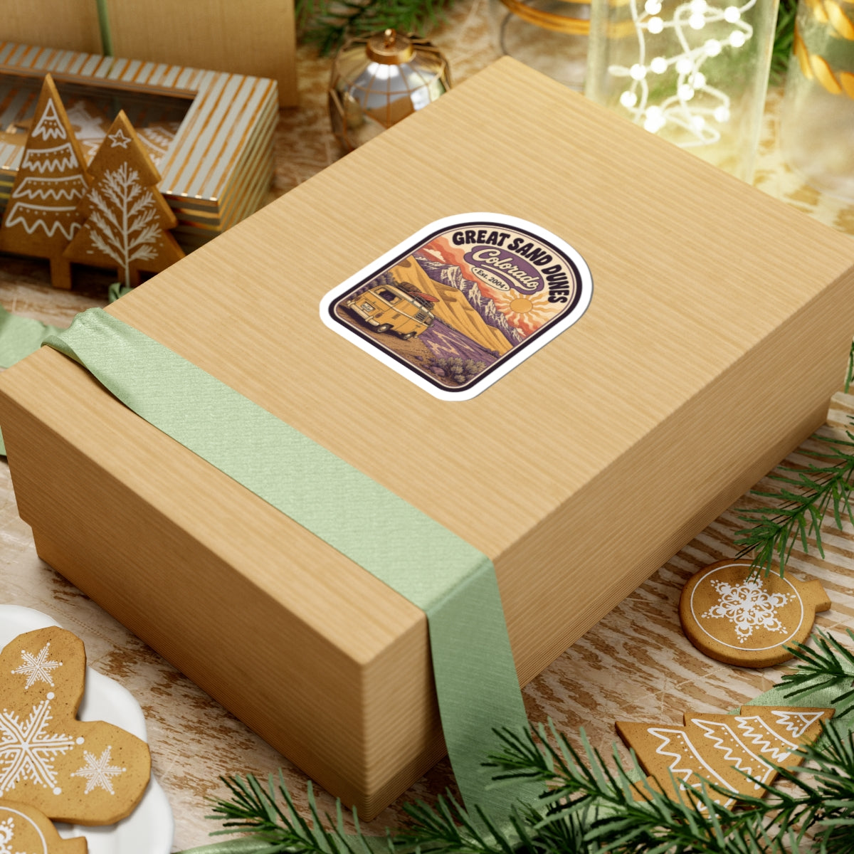 Great Sand Dunes Colorado sticker on a wrapped gift box; vintage camper desert dunes artwork
