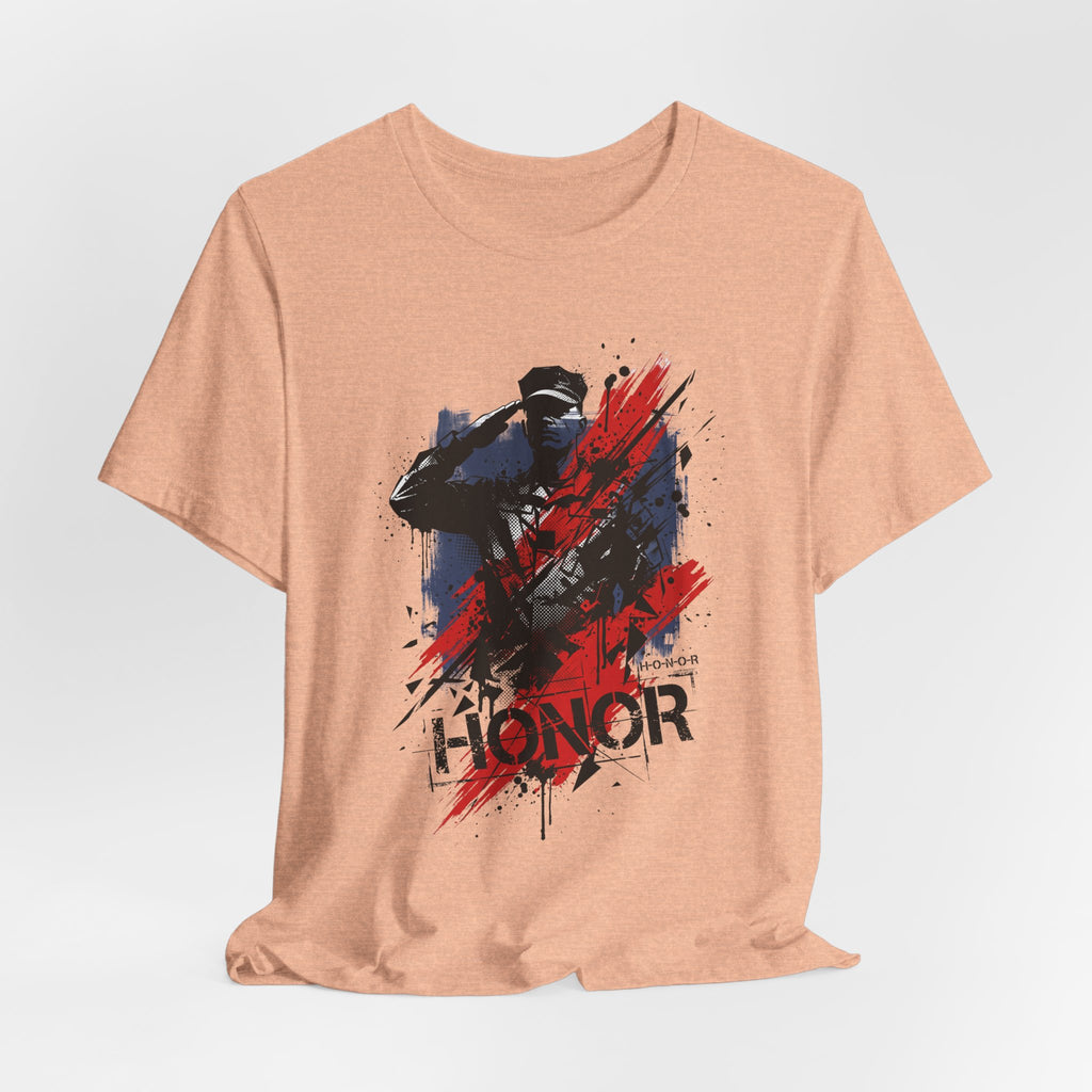Light peach T-shirt with centered soldier silhouette graphic and red-blue paint splatter