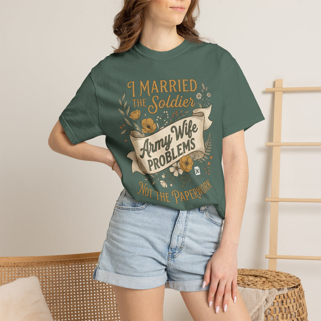 Green crewneck T-shirt worn by model, 'Army Wife Problems' graphic front