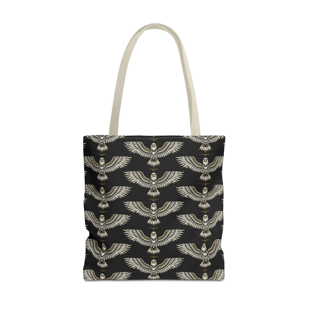 Tote bag with winged scarab pattern in gold on black, cream handles