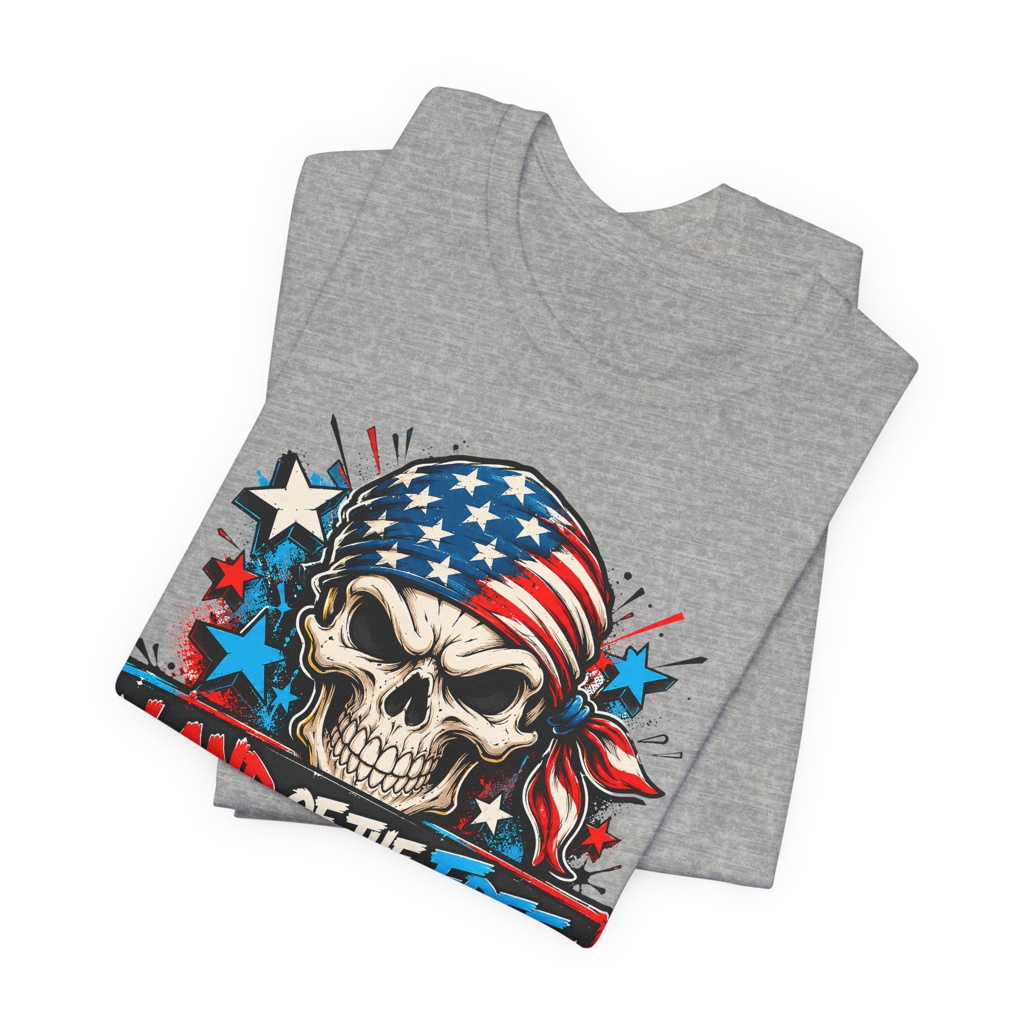 Heather gray T-shirt with patriotic skull and flag graphic on the front