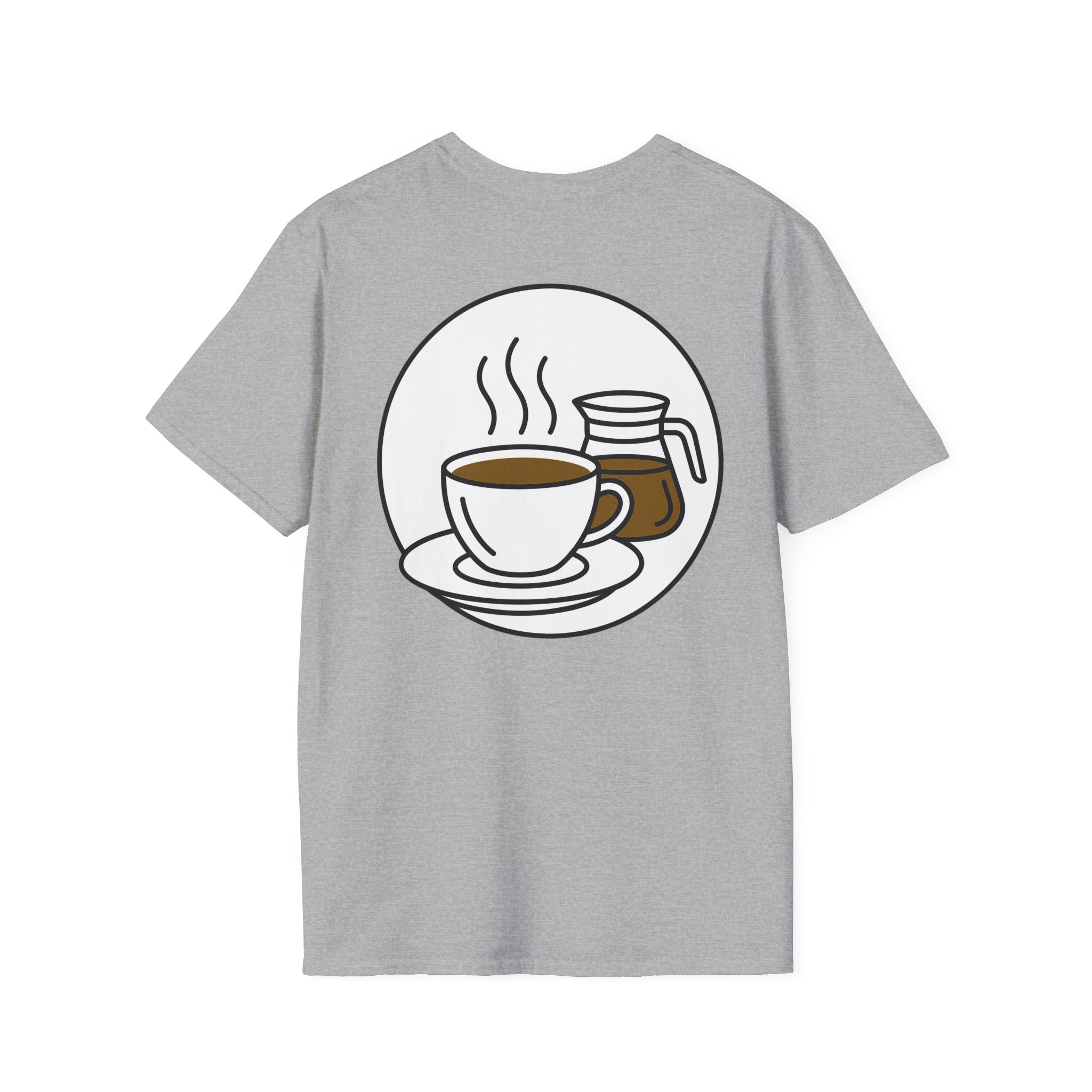 Coffee graphic T-shirt in sport grey with steaming cup and jar illustration