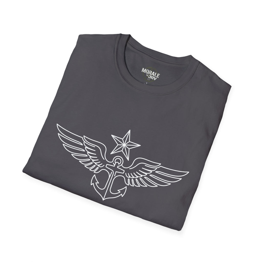 Charcoal T-shirt folded view with winged anchor and star outline print