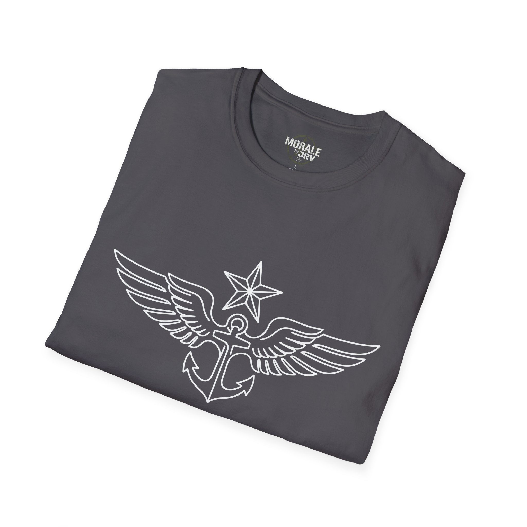 Charcoal T-shirt folded view with winged anchor and star outline print