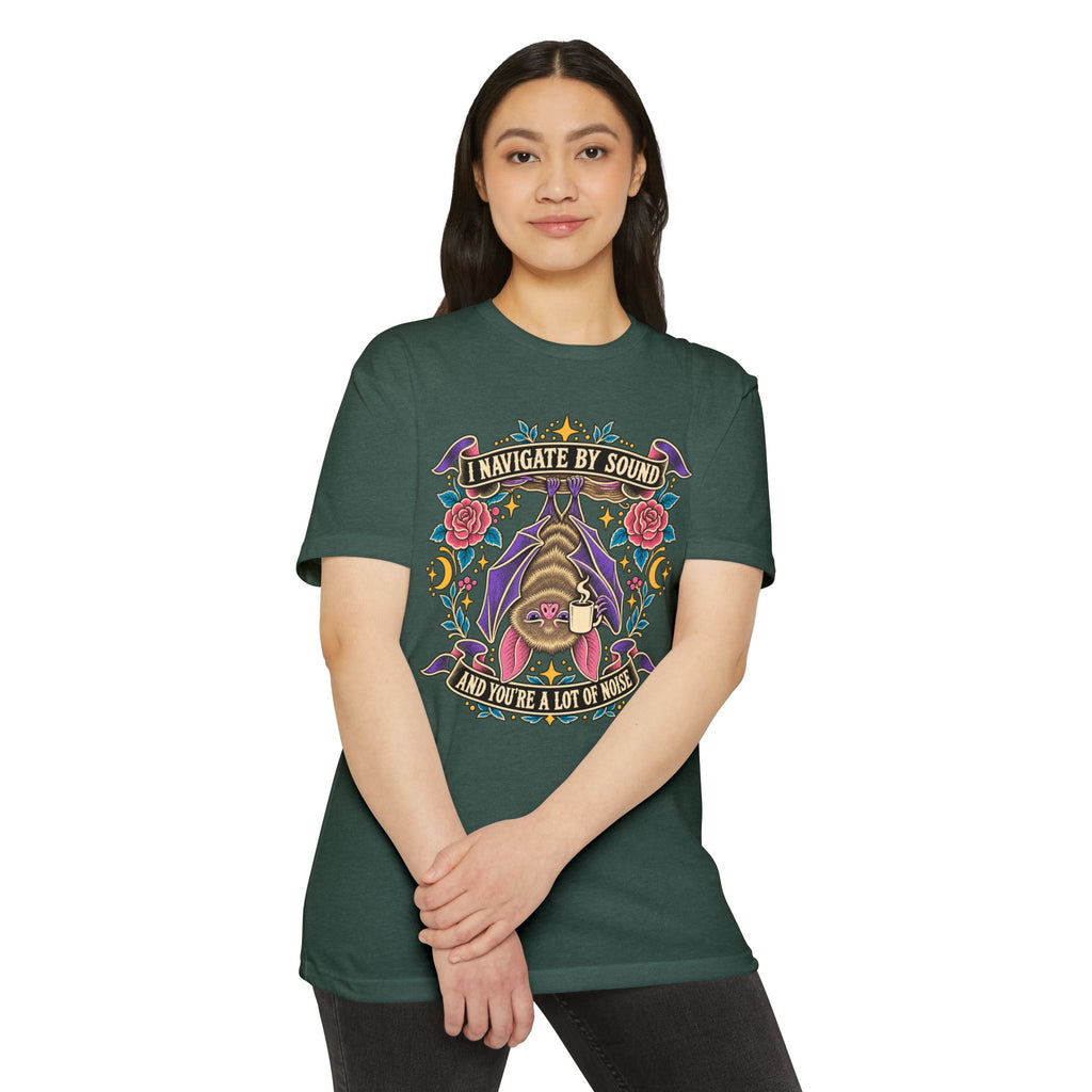 Unisex dark green graphic T-shirt with bat, roses, and music quote print