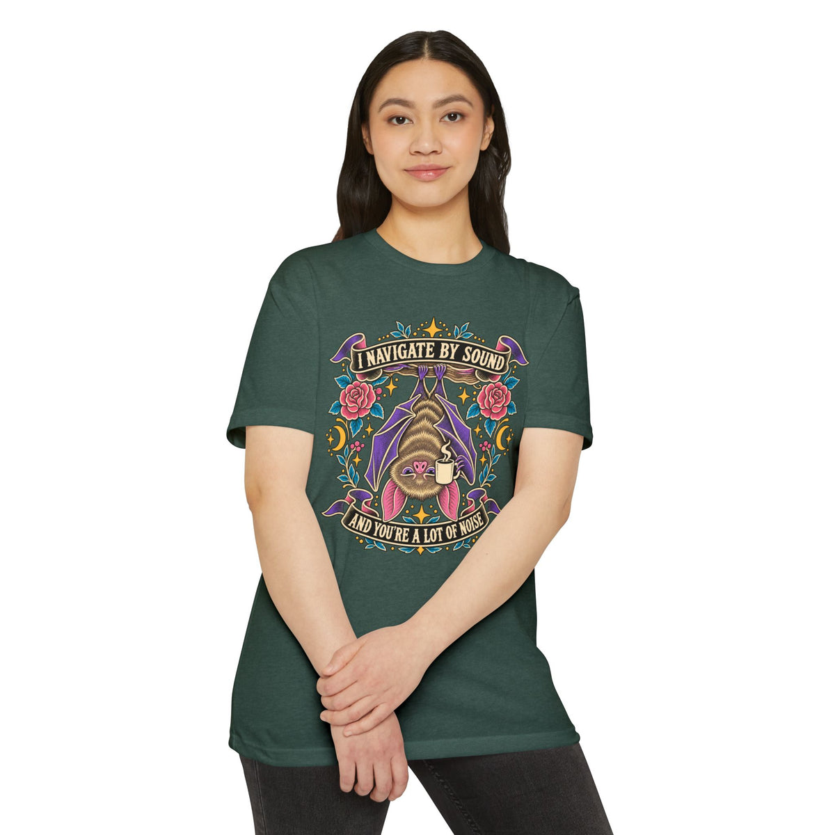 Unisex dark green graphic T-shirt with bat, roses, and music quote print
