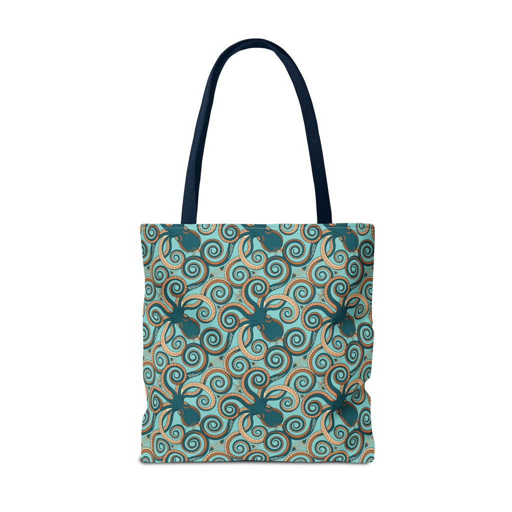Teal tote bag with navy handles and teal octopus swirl print on the front.