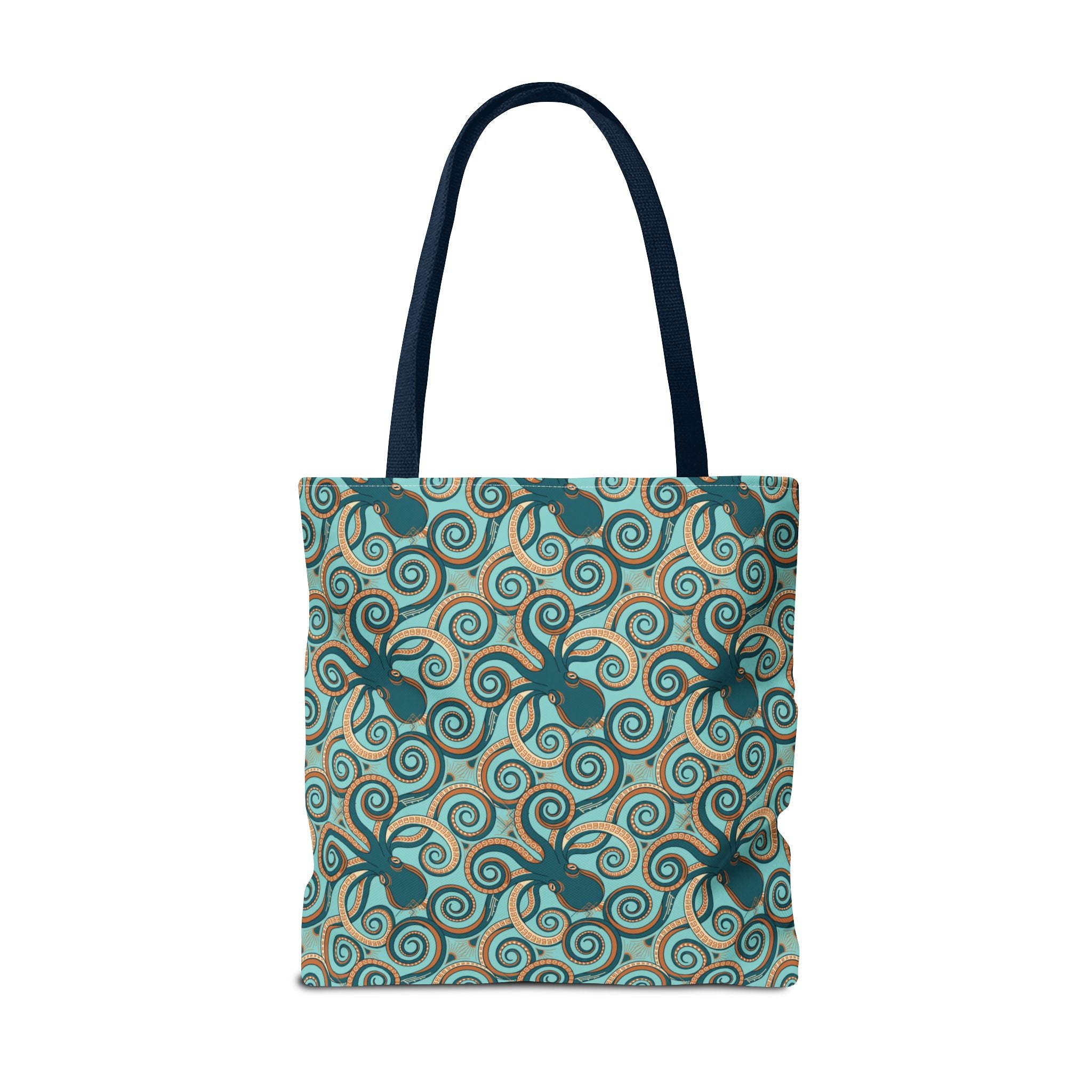 Teal tote bag with navy handles and teal octopus swirl print on the front.