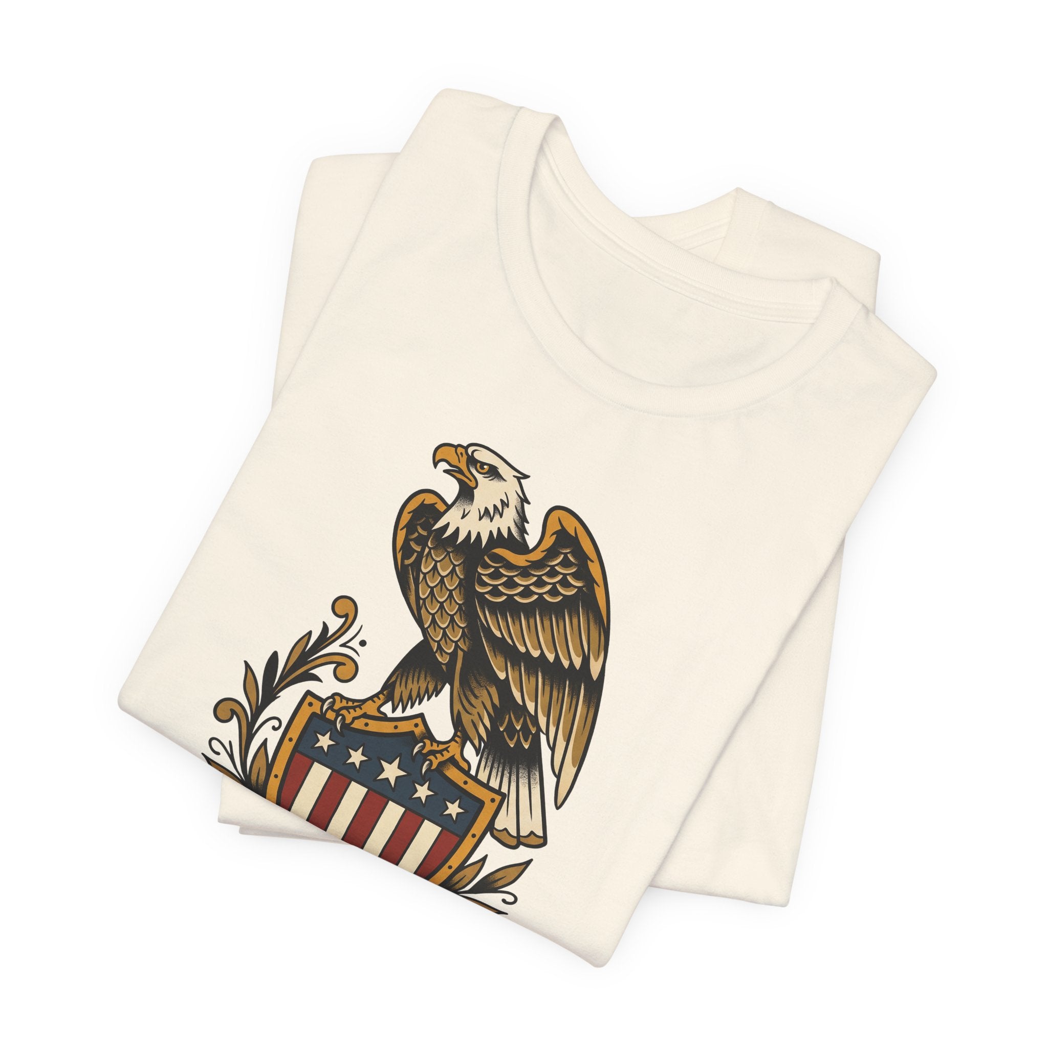 Cream T-shirt with bald eagle and shield graphic on the chest