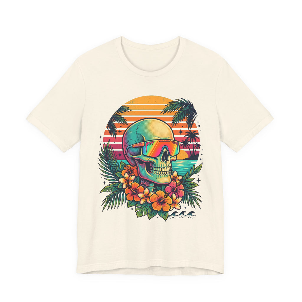 Natural/beige T-shirt with tropical skull wearing sunglasses and floral front graphic