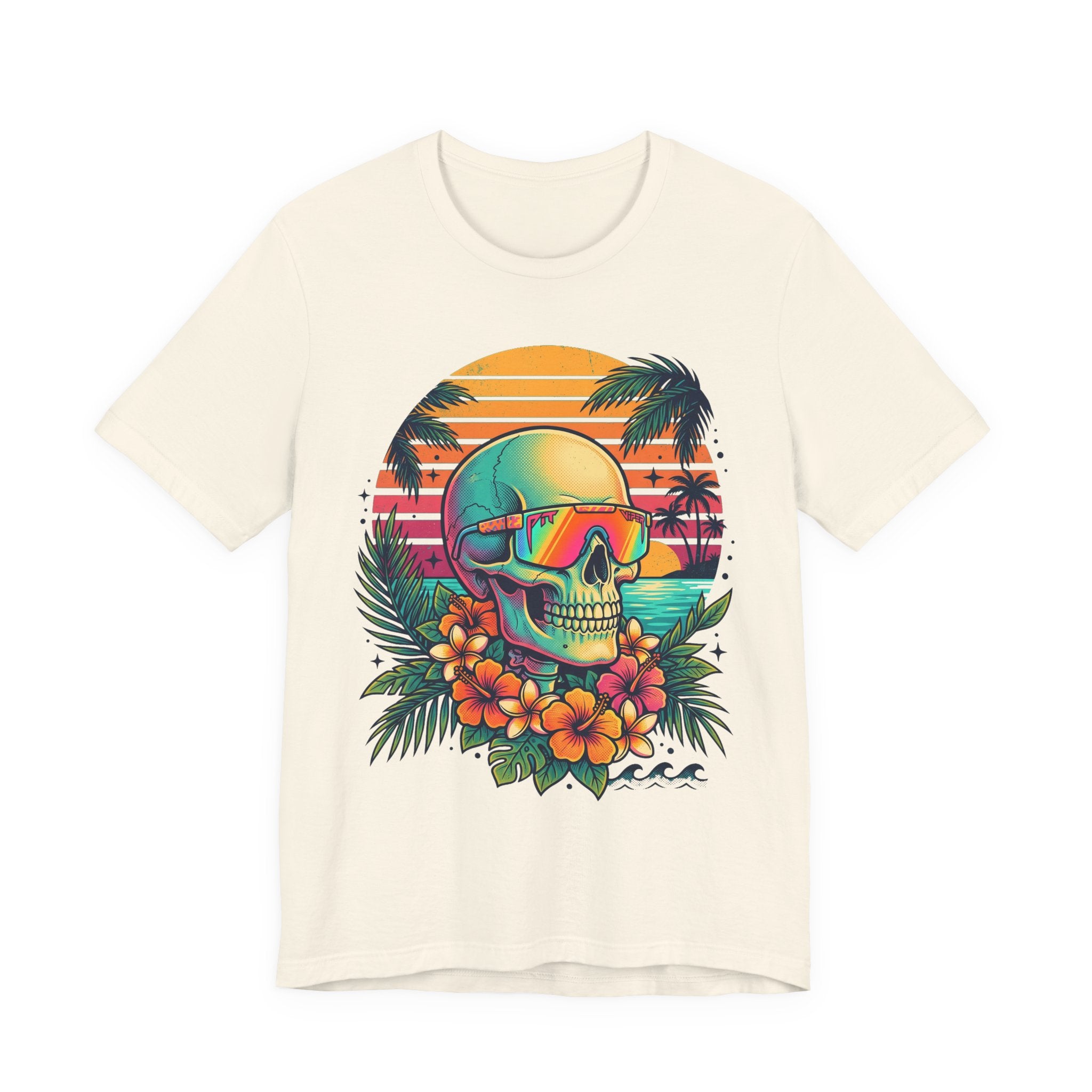 Natural/beige T-shirt with tropical skull wearing sunglasses and floral front graphic