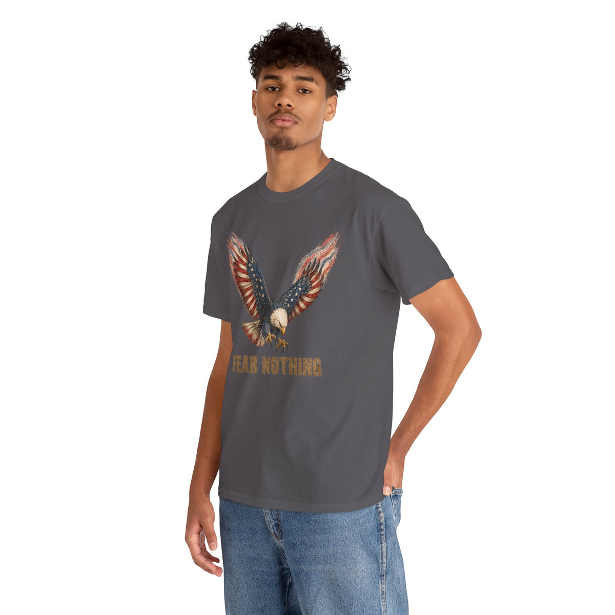Charcoal crew-neck T-shirt with bald eagle graphic and “Fear Nothing” text