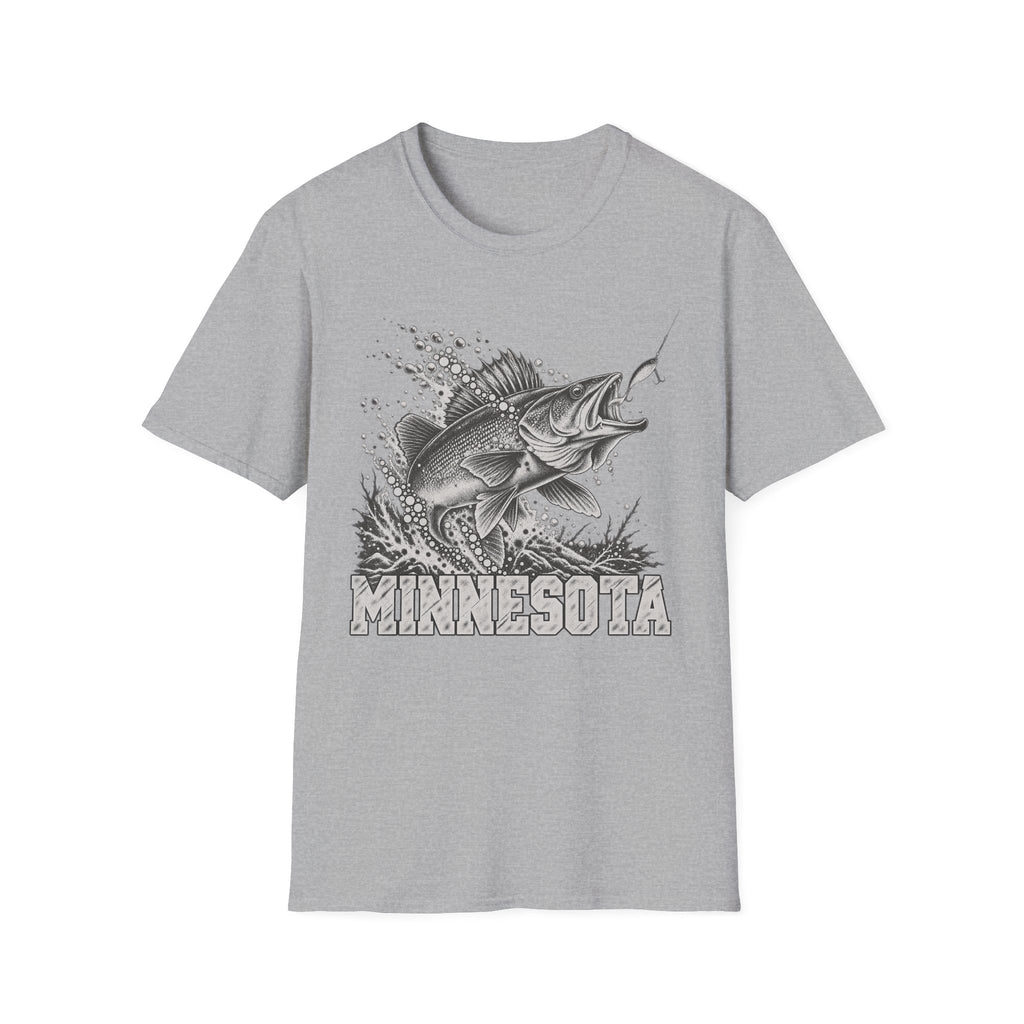 Light gray t-shirt with leaping walleye graphic and MINNESOTA text