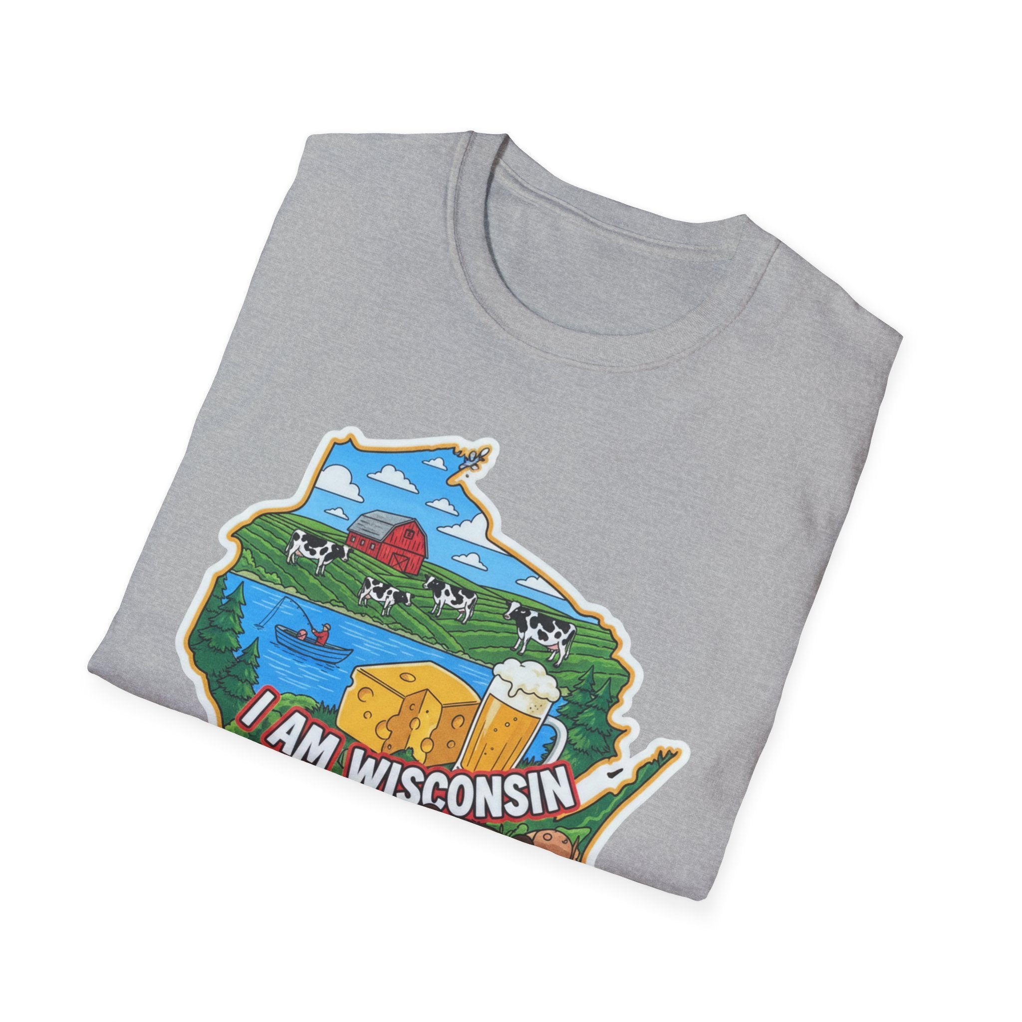 Sport Grey Wisconsin state map T-shirt with colorful dairy and “I AM WISCONSIN” graphic