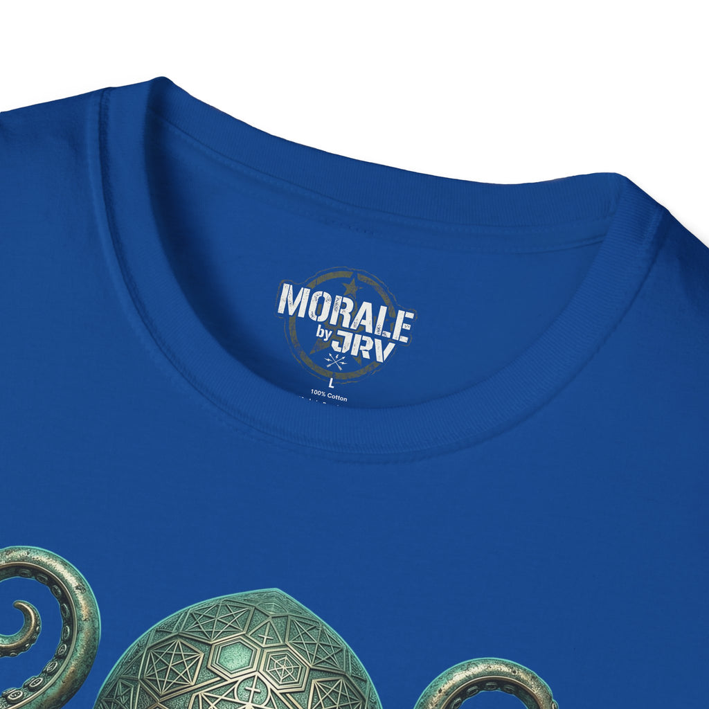 Royal blue t-shirt close-up of chest logo print