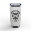White stainless insulated travel tumbler with engraved emblem and clear lid