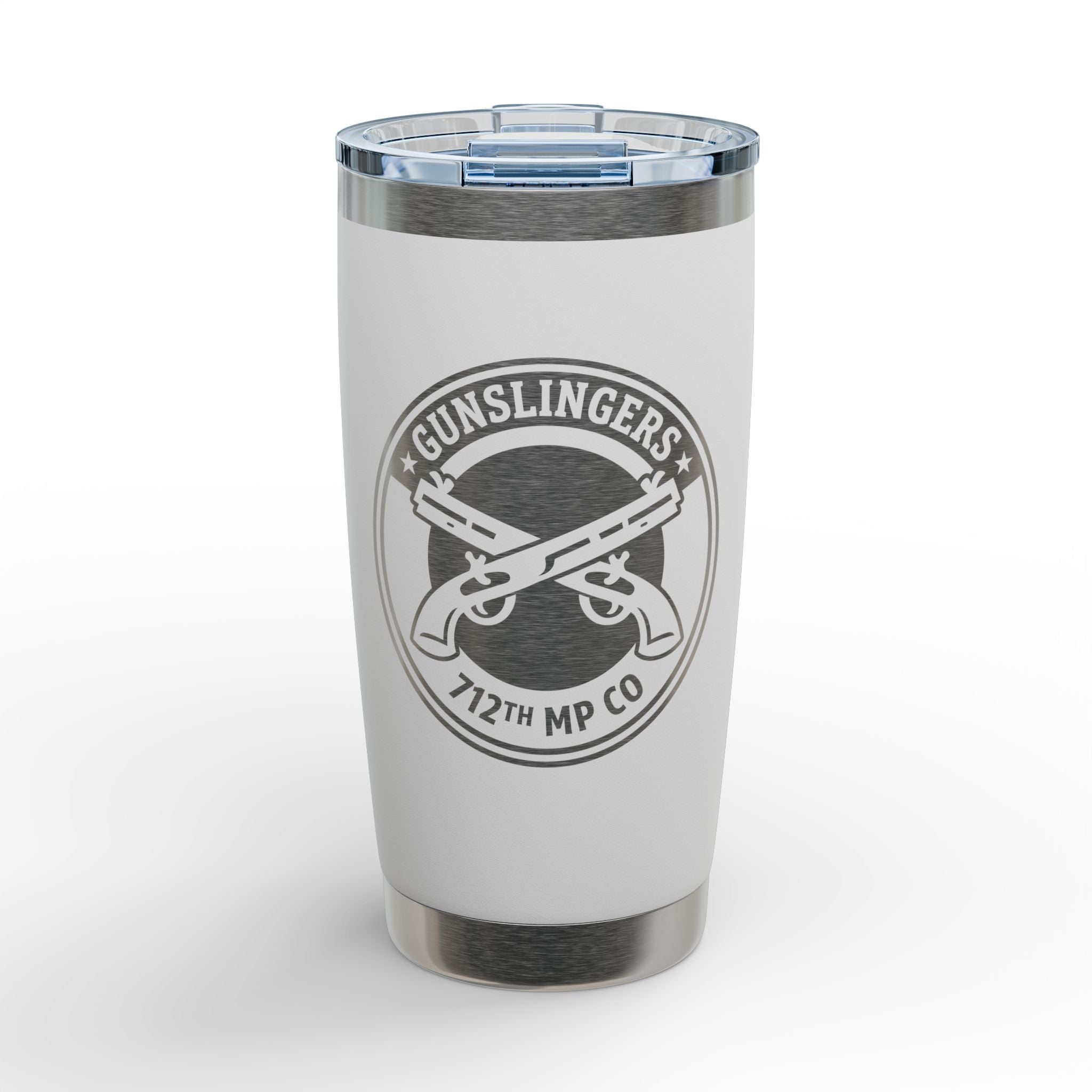 White stainless insulated travel tumbler with engraved emblem and clear lid