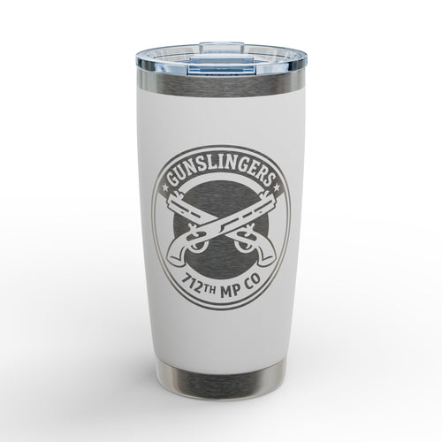 White stainless insulated travel tumbler with engraved emblem and clear lid