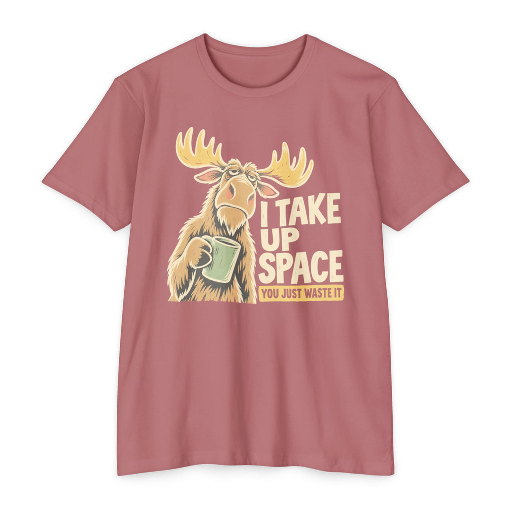 Dusty rose crew-neck T-shirt with moose graphic and slogan print on front