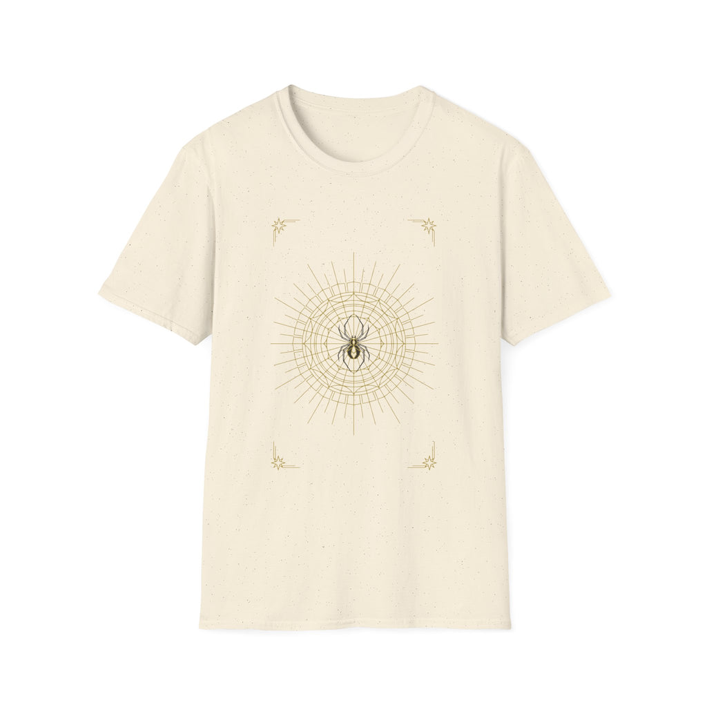 Light cream crewneck T-shirt featuring a spider mandala web graphic