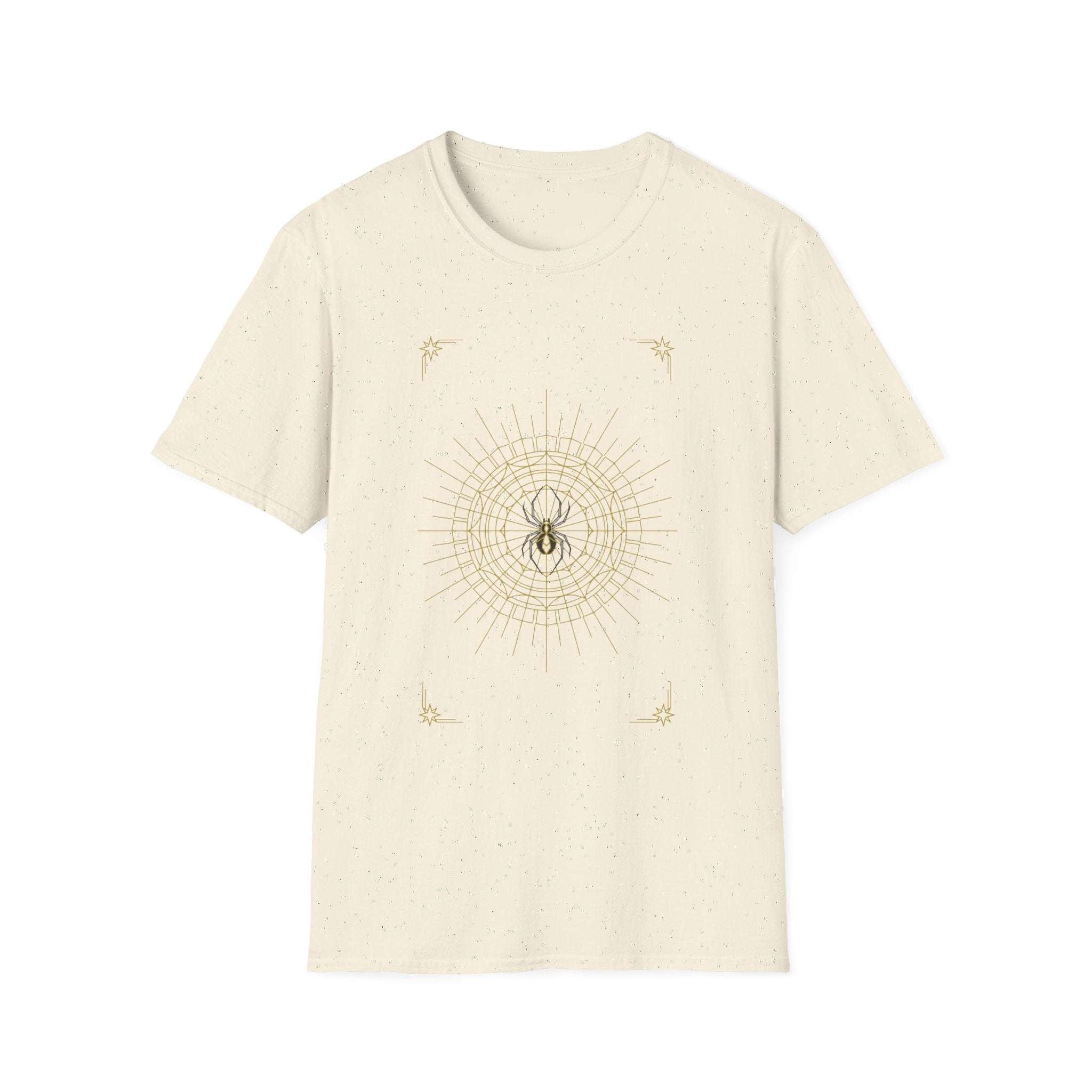 Light cream crewneck T-shirt featuring a spider mandala web graphic