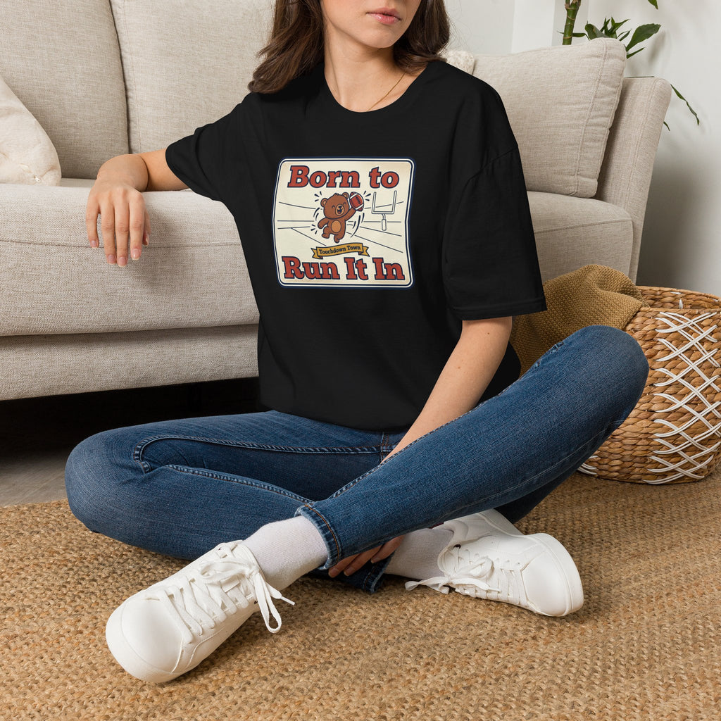 Black crew-neck T-shirt with bear “Born to Run It In” graphic on front