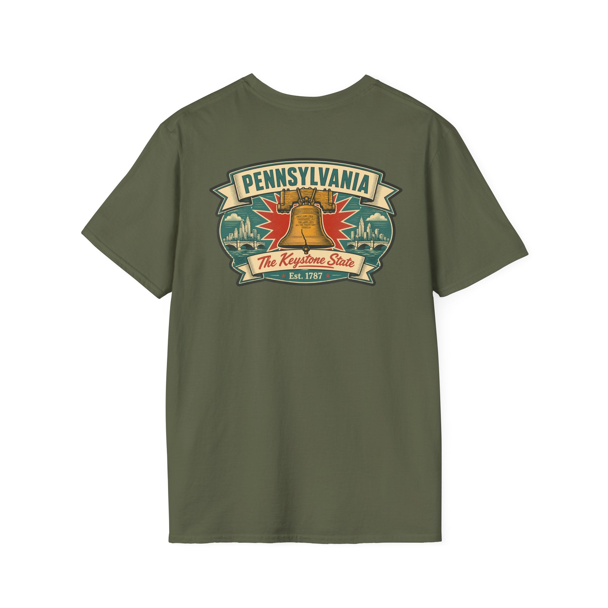 Pennsylvania Liberty Bell T-shirt in olive green with front Pennsylvania crest graphic